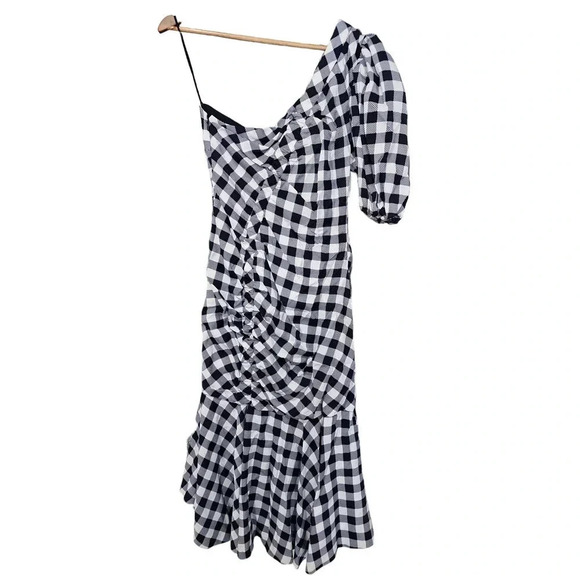Jonathan Simkhai Lux Twill One-Shoulder Gingham Dress Navy Size 8 - Picture 7 of 10